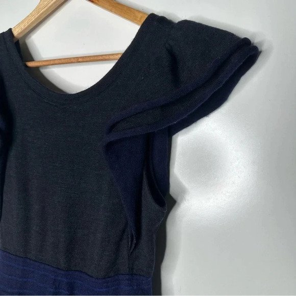 Anthropologie MOTH Curtain Call Blue/Grey Stripe Flutter Sleeve Wool Blend Dress - Picture 4 of 10